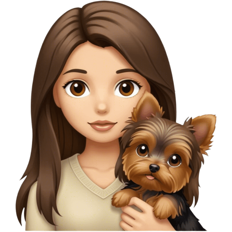 Brunette long hair light tan girl with yorkie puppy emoji