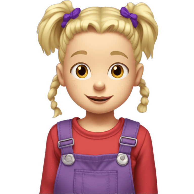 A little blonde girl with pigtails and little purple bows wearing a red long sleeved shirt and purple overalls, rugrats emoji