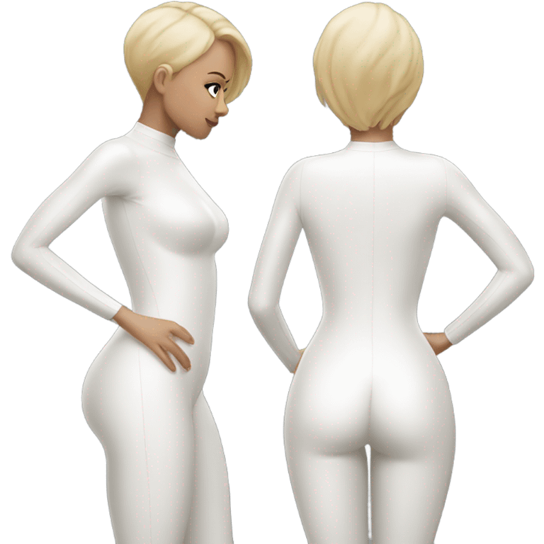 full woman white latex bodysuit front and back emoji