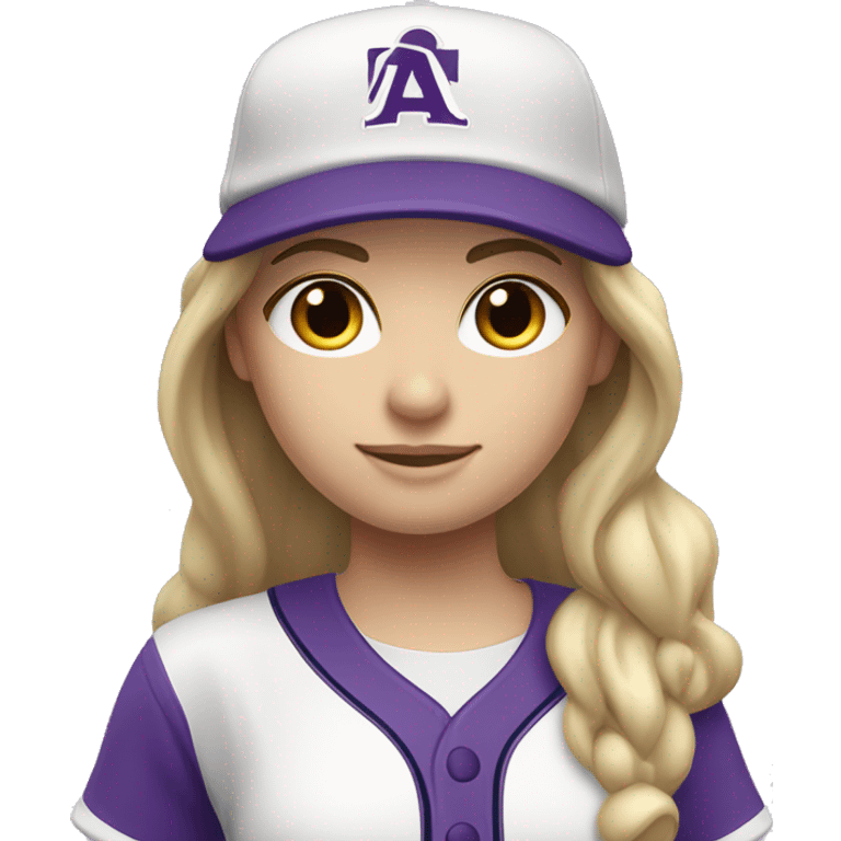 baseball card character. Blonde female long straight hair. C logo. Purple and white uniform. emoji