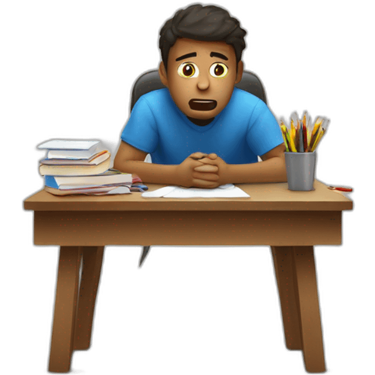 Sitting at his desk Terrified student learning stressed out for exam on desk emoji