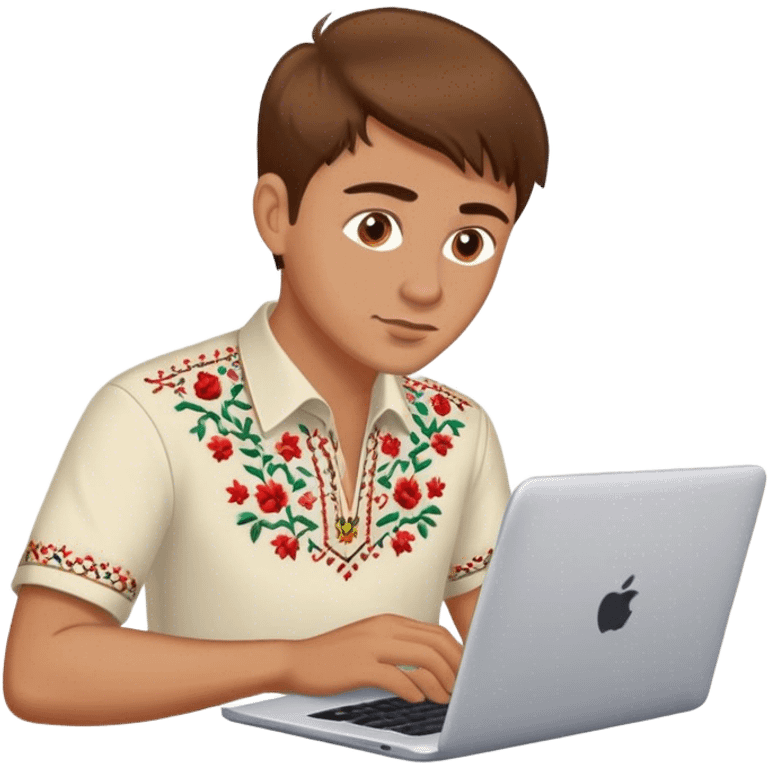 A Ukrainian guy with brown hair in an embroidered shirt works at his laptop emoji