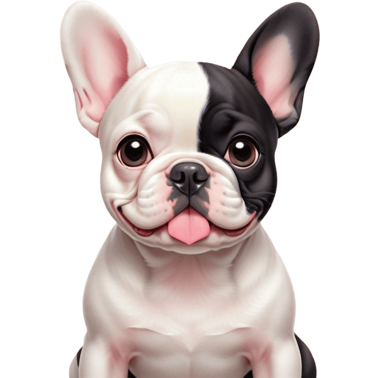 Cinematic Cute Pied French Bulldog Portrait Emoji, Head tilted with a sweet, mischievous grin and large, inviting eyes, featuring a unique pied fur of contrasting colors, simplified yet irresistibly endearing, highly detailed, glowing with a warm, playful radiance, high shine, exuding a quirky charm and affectionate personality, styled with a soft, lighthearted outline, capturing the essence of a cute Pied French Bulldog that looks ready to charm its way into your heart! emoji