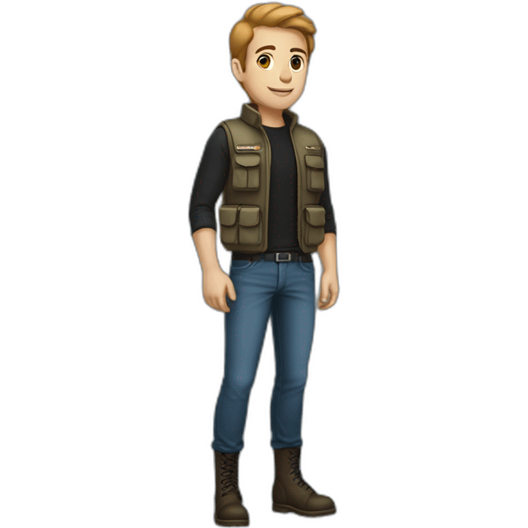 A young man, tall and thin, but athletic.   With black jeans and brown boots.   Wearing a black long-sleeved T-shirt and a deep sky blue vest on top, dressed in a military manne emoji