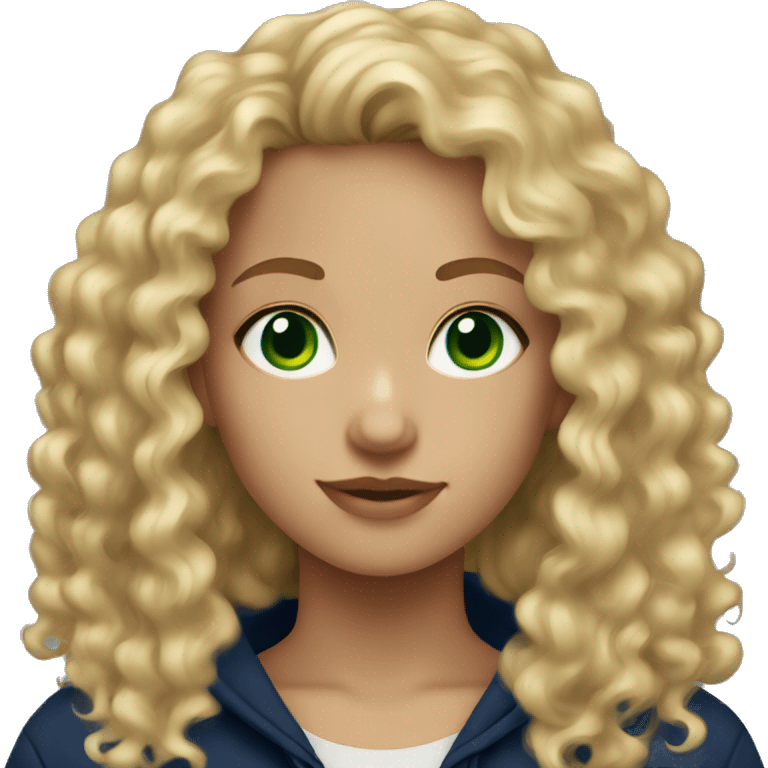 Blonde curly hair girl with green eyes and navy blue hoodie emoji