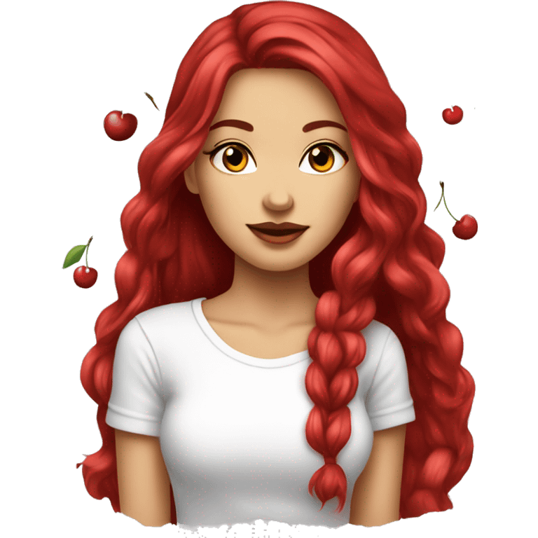 cherry red long hair beautiful woman wear white t-shirt with cherry print  emoji