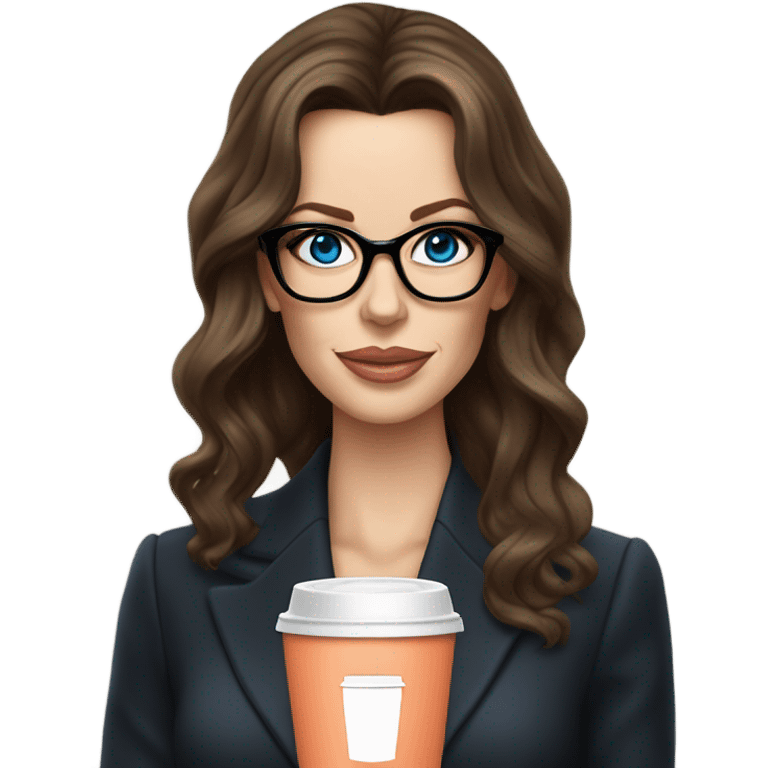 Realistic Kate Beckinsale blue eyes wearing glasses in a business dress drinking coffee peach lipstick  emoji