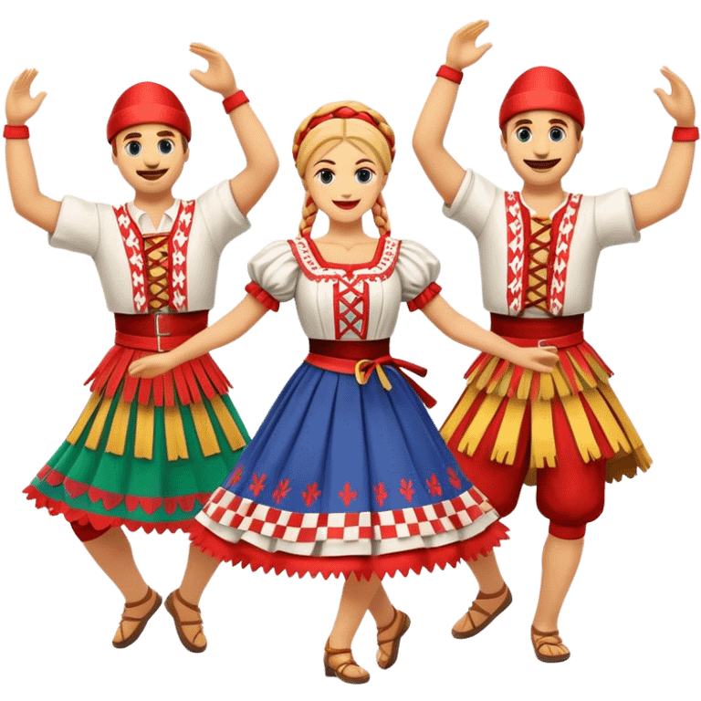 Cinematic Realistic Linđo Dance Emoji, depicted as a traditional Croatian folk dance with lively movements and colorful costumes, rendered with dynamic textures and vibrant festive lighting that captures its cultural vibrancy. emoji