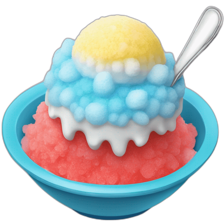 Mound of shaved ice (snow cone) in a dessert bowl with a short spoon emoji