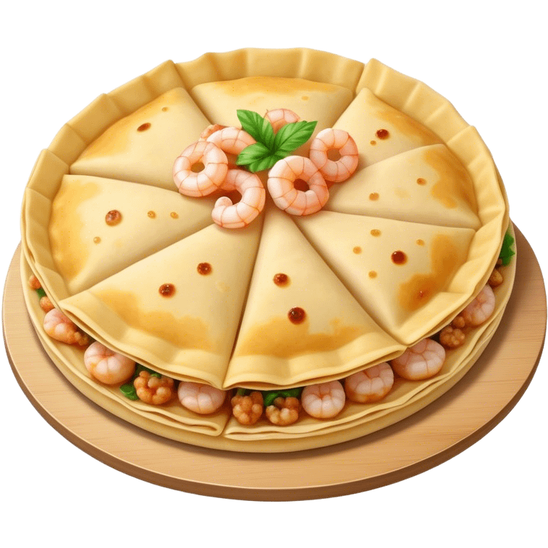 Bánh Xèo Cinematic Realistic Bánh Xèo Dish Emoji, depicted as a crispy, folded semi circle crepe filled with tiny shrimp and pork, rendered with dynamic textures and vibrant, appetizing lighting. emoji