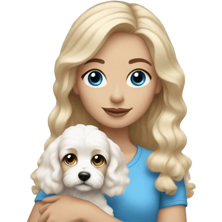 Blonde-haired girl with blue eyes, cute top and holding white cavachon dog emoji