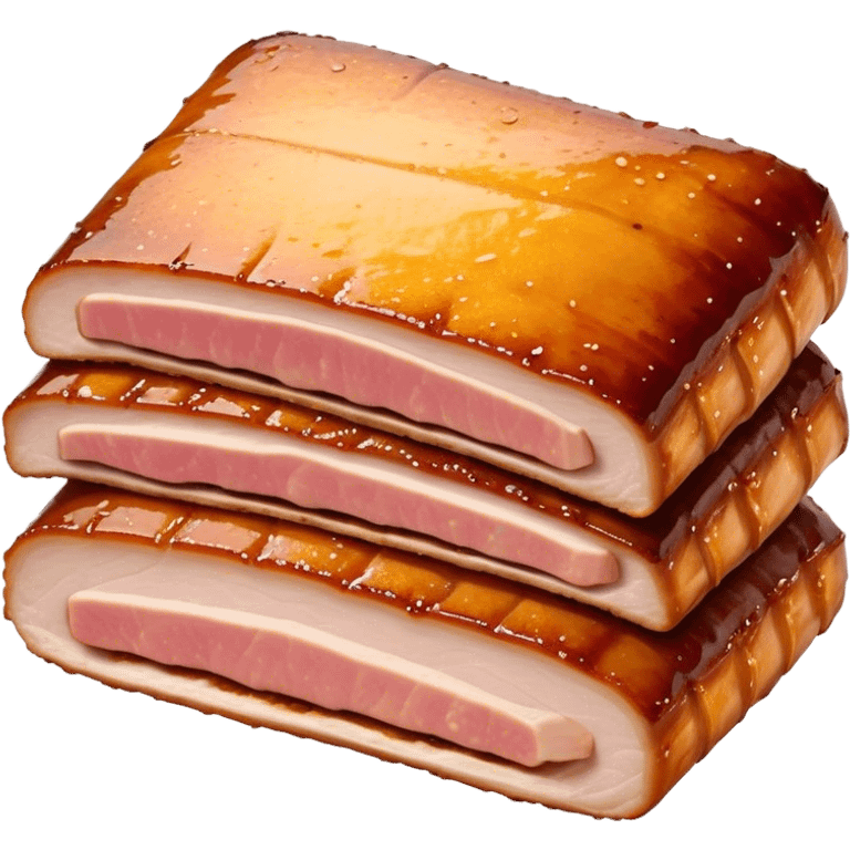 Cinematic tender pork belly, slow-roasted to perfection, crispy caramelized edges, glistening with juices, sliced into thick, rich layers, warm golden tones, luxurious and indulgent. emoji