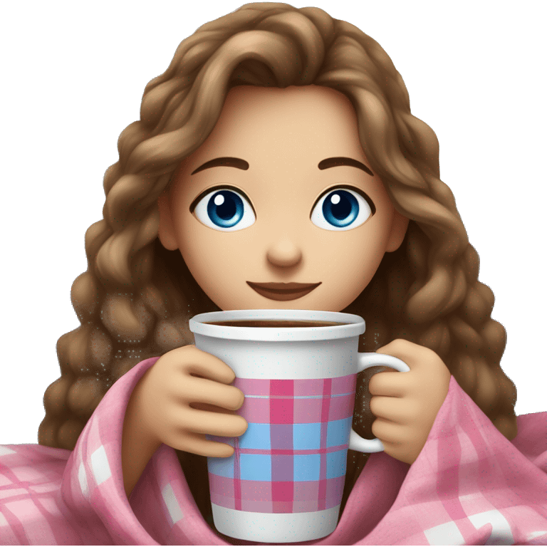 cute brown haired girl with long hair wrapped in pink plaid blanket drinking coffee blue eyes emoji