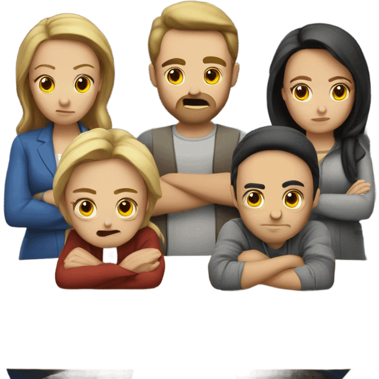 6 Caucasian people sitting around a table looking unhappy emoji