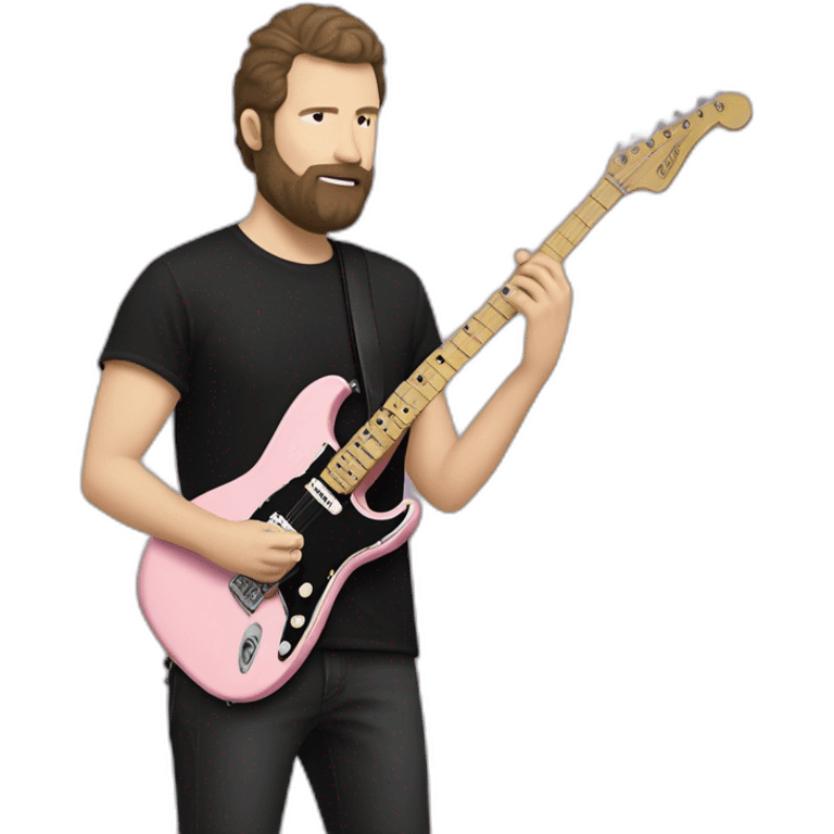 white man with dark beard and black t shirt and pastel pink stratocaster electric guitar emoji