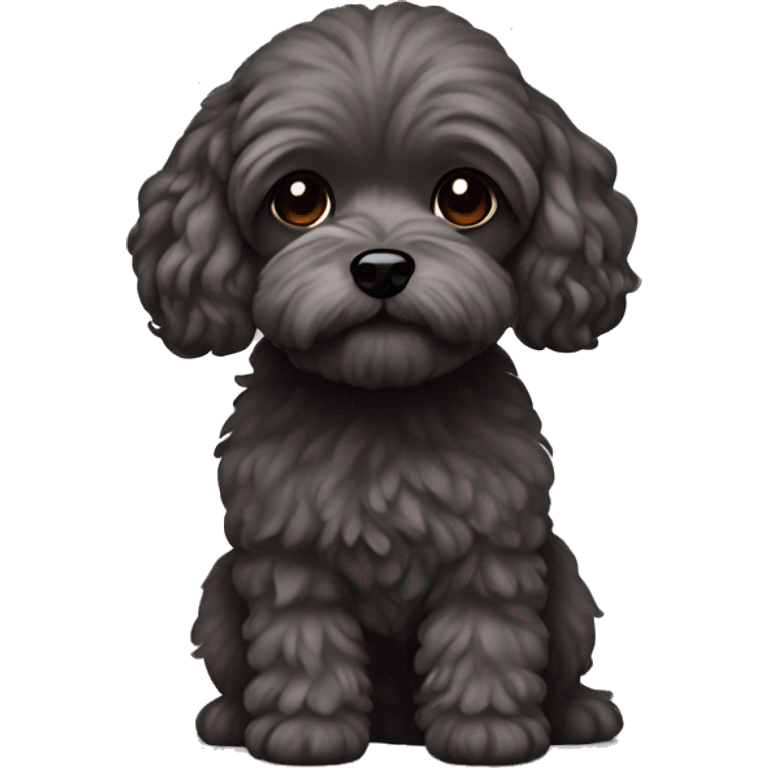 Brunette girl long straight hair, holding a dark gray maltipoo with a white snout emoji