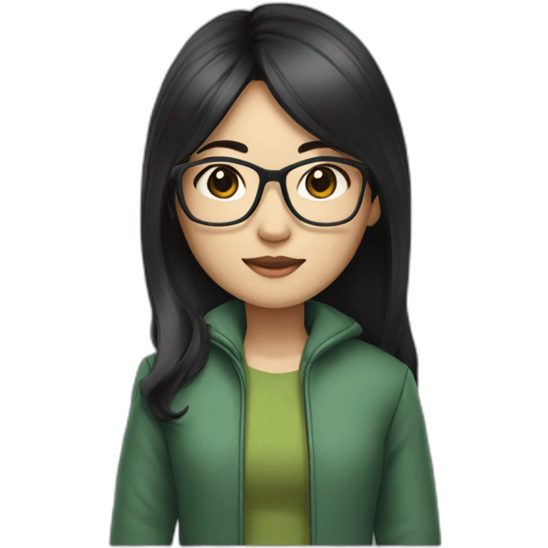 Asian girl with long black hair and glasses wearing green jacket emoji