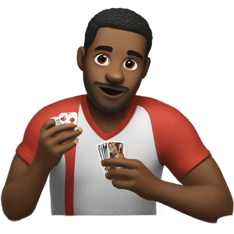 A man gambling and petting his cat eating wings emoji