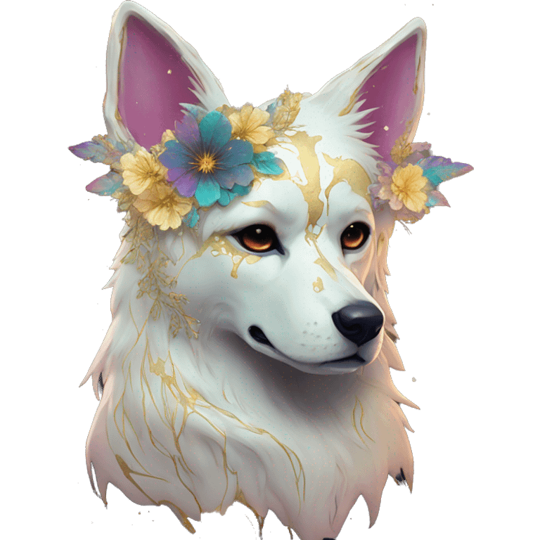 iridescent kintsugi fluffy zombie dog fox head zombie skull skeleton gold mechanical nebula galaxy stars colorful flowers fairy lights vintage zombie emoji