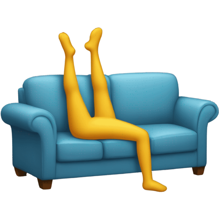 A person lying on a sofa, one leg crossed over the other, with hands behind the head, relaxing in a cozy setting, emoji skin emoji