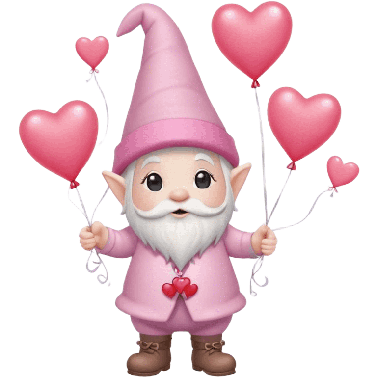 An adorable little pale pink Valentine’s Day style gnome holding balloons with hearts floating in the background emoji