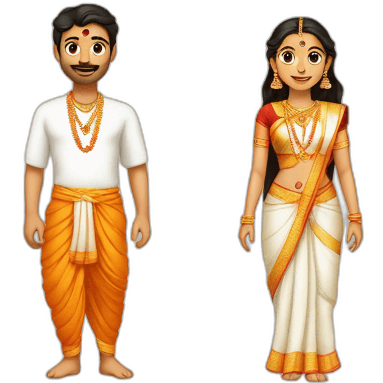 a hindu couple (male - fair, in late 20s, wearing traditional dhoti with tilak and janeyu), female (early 20s, short and fair, wearing traditional and bindi)  emoji