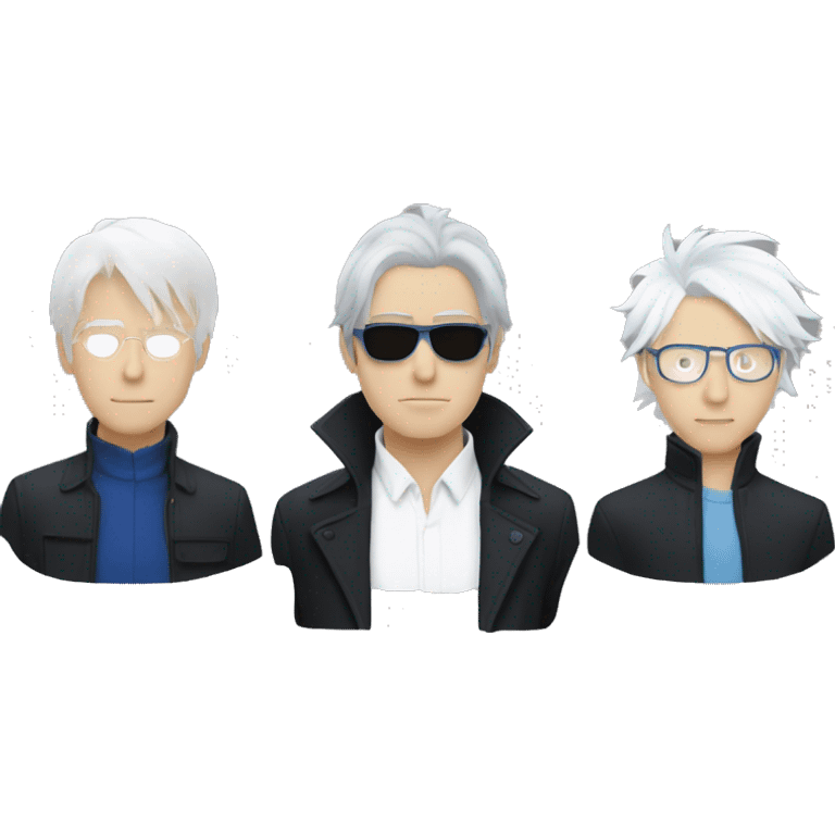 Gojo satoru, a 2japanese man with messy white hair wearing a black high collar jacket, a pair of blue aviators, and has blue eyes  emoji