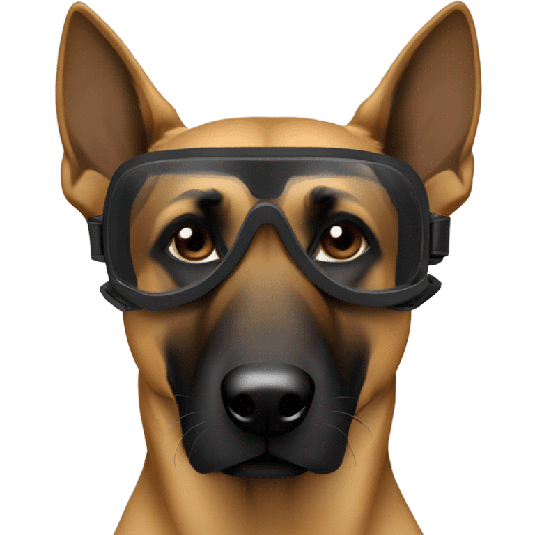 Tan Belgium malinois facing forward wearing black goggles emoji