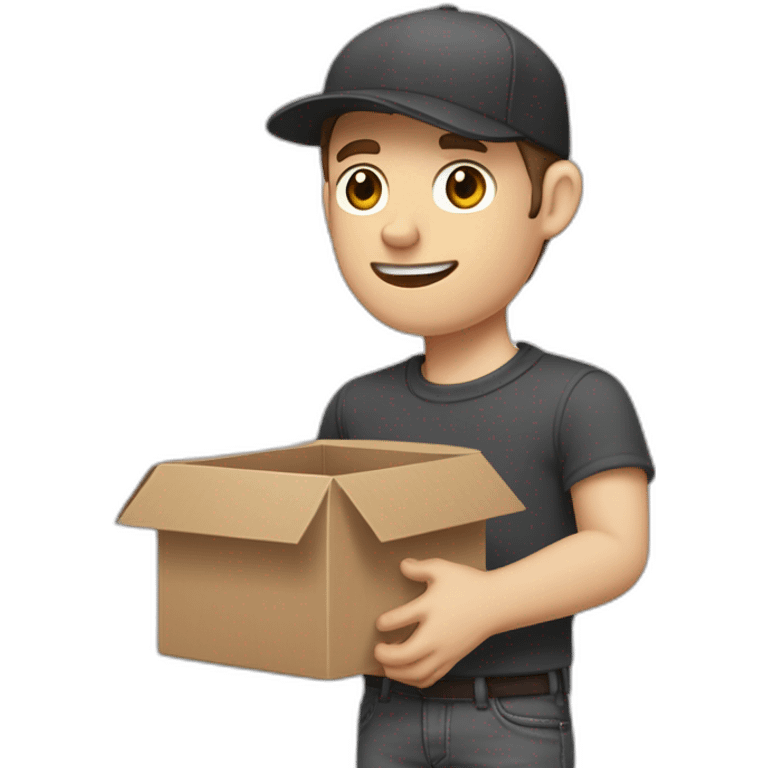 Pale skinned fit Man with dark brown hair in a black cap, gray jeans and brown polo T-shirt keeping a pasted with tape white box into his hands emoji