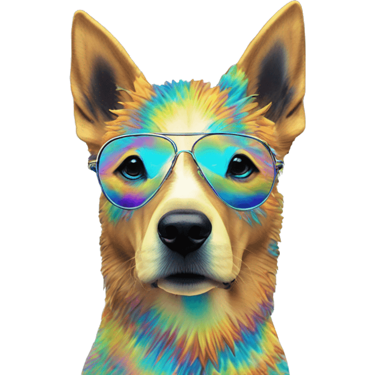 Multicolored rainbow retro groovy tie dye hippie trippy floral patterns on a metallic holographic iridescent blue dog face head unicorn emoji