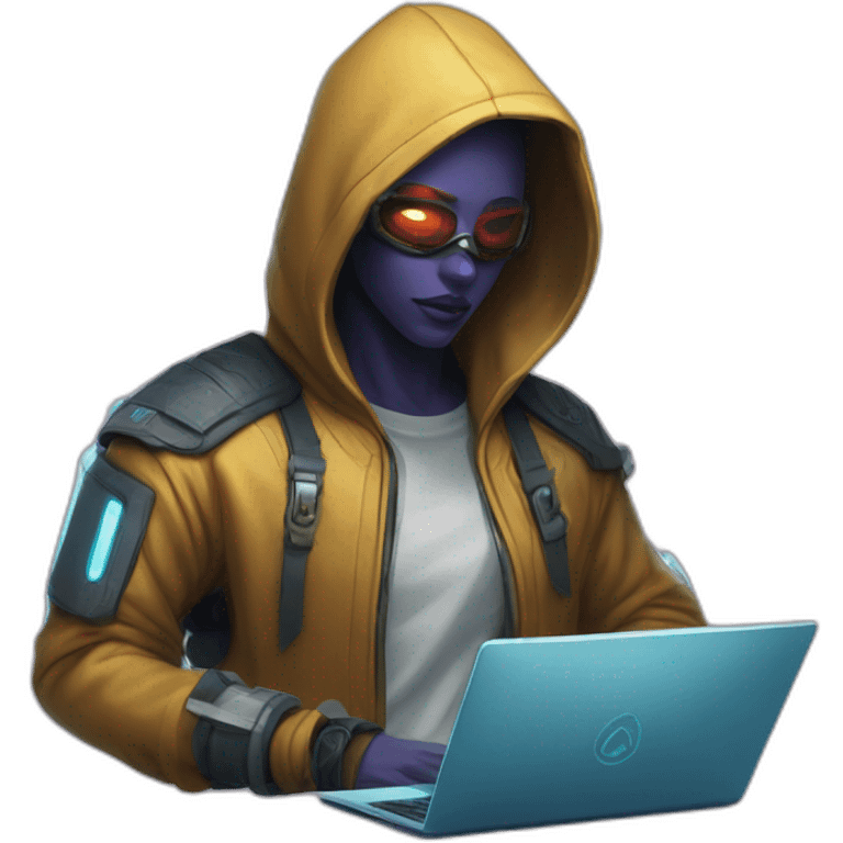 netrunner from cyberpunk with laptop in back hoodie and white skin emoji