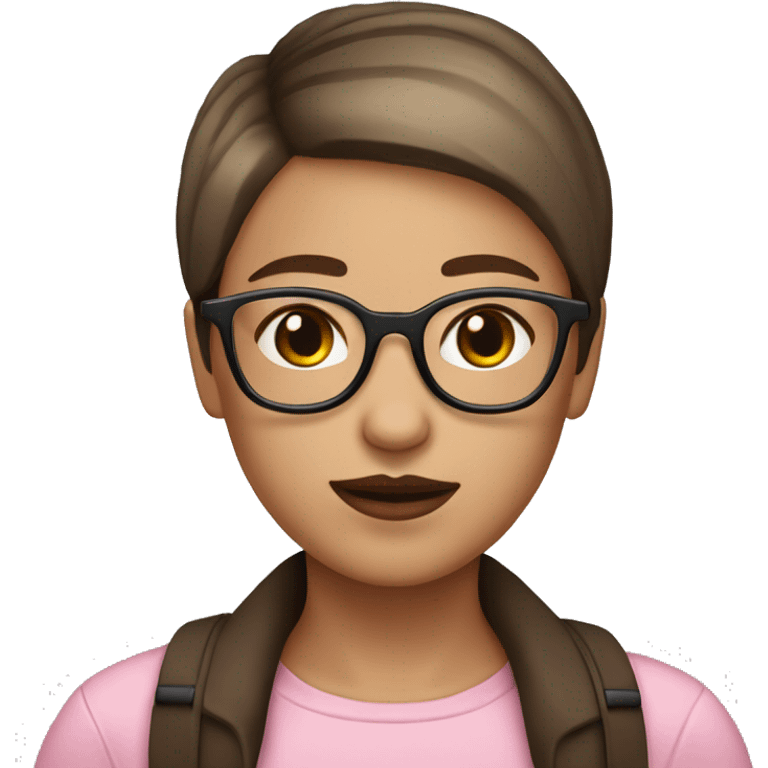 Girl with glasses with brown very short straight hair white skin brown eyes glasses pink lips mole on chin emoji