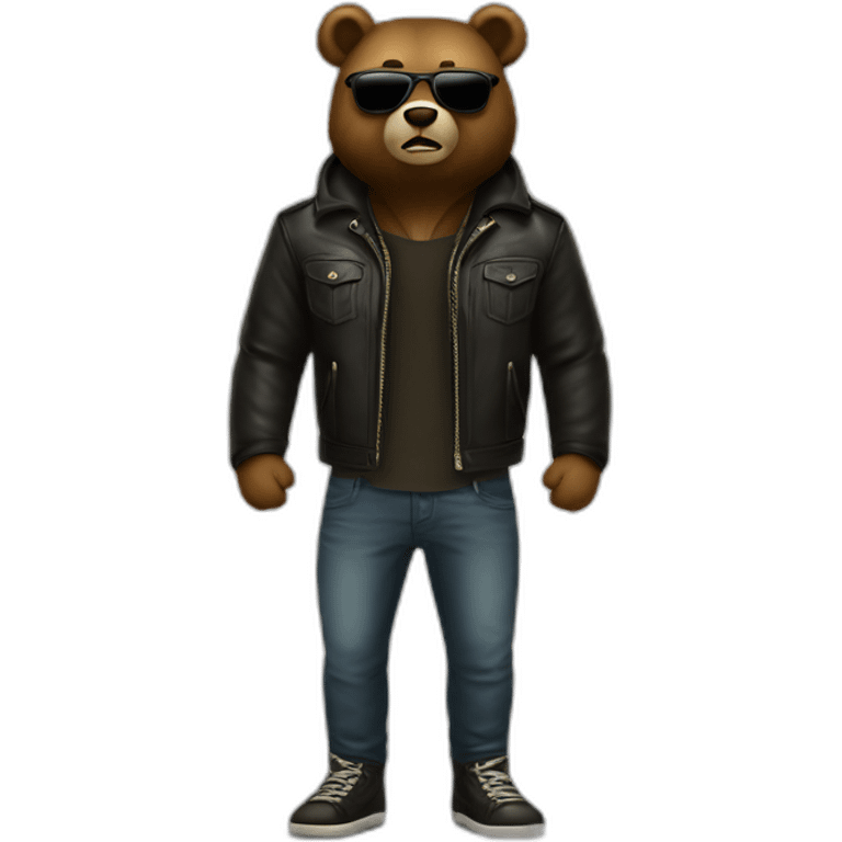 illustration of bear say "Hi!" wear leather jacket sunglasses look like a bad boy, full body emoji