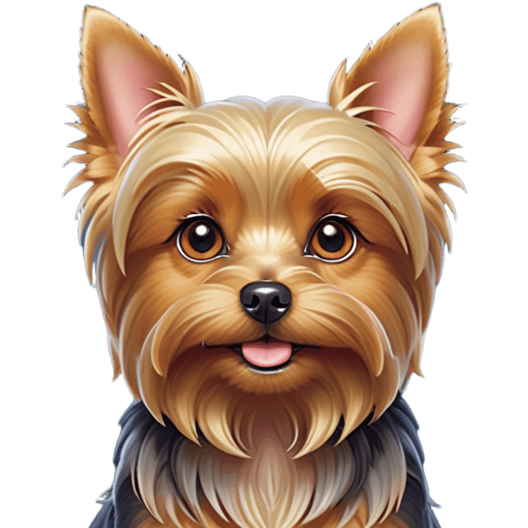 Cinematic Cute Yorkshire Terrier Portrait Emoji, Head perked with bright, twinkling eyes and a perky expression, showcasing a soft, silky fur in rich hues, simplified yet adorably detailed, glowing with a cheerful, inviting glow, high shine, exuding playful intelligence and spunky charm, styled with a gentle, whimsical outline, capturing the essence of a cute Yorkshire Terrier that appears ready to frolic off the screen with irresistible energy! emoji