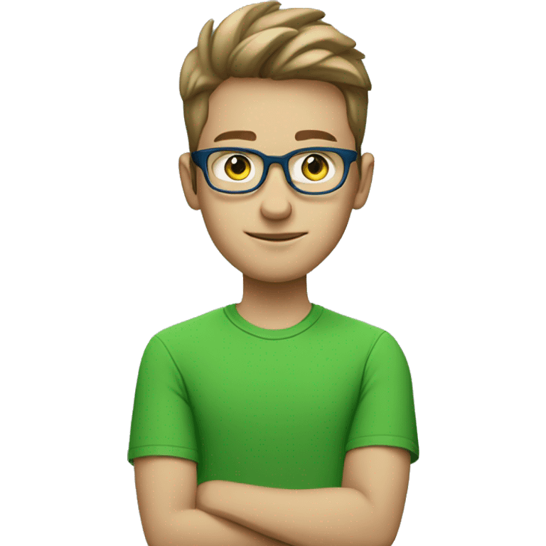 white young man with square glasses and blue eye wearing green t-shirt using laptop  emoji