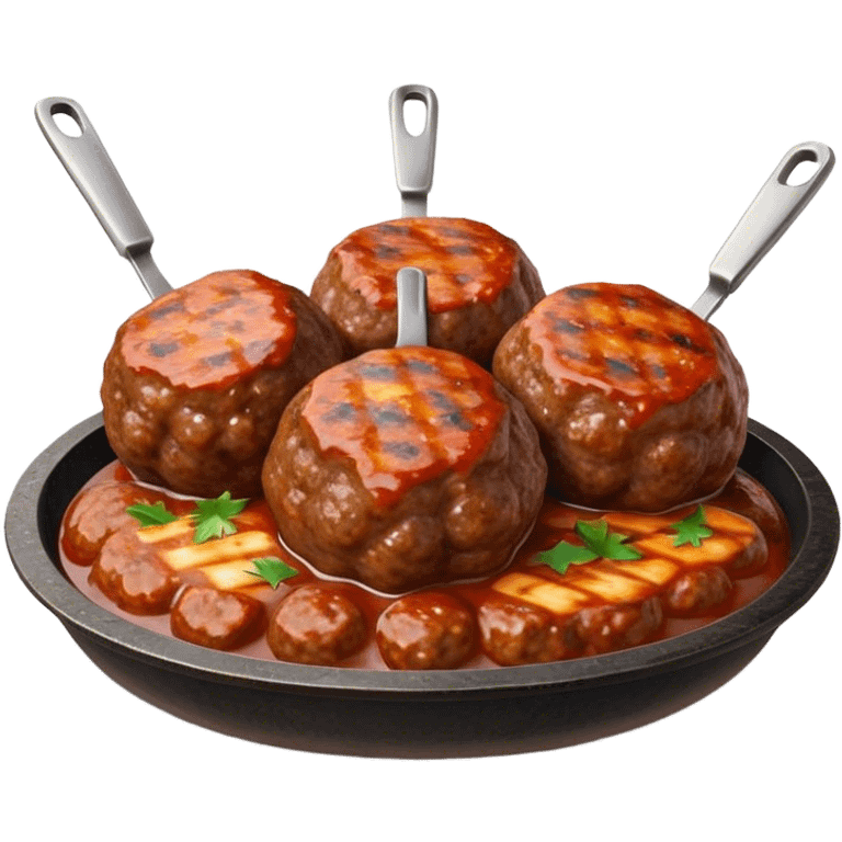 Cinematic Realistic Kofte Dish Emoji, depicted as seasoned, grilled meatballs with a charred exterior rendered with lifelike textures and robust, appetizing lighting. emoji