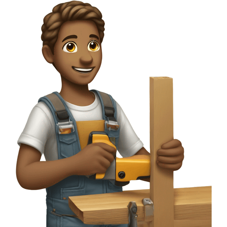 smiling boy in casual shirt doing carpentry with Jesus  emoji