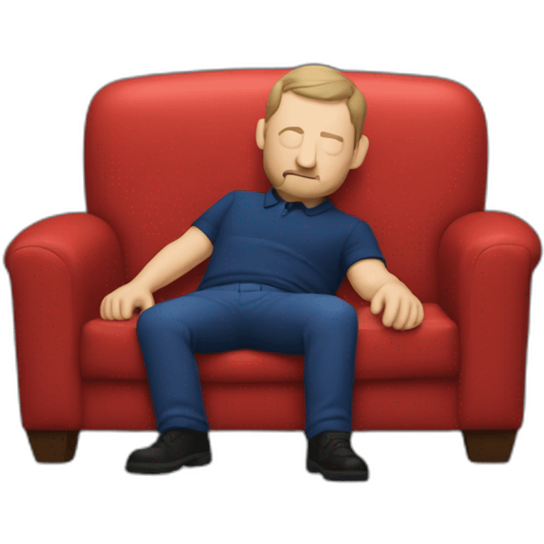 tim robinson laying down on a red couch in a dark dark blue polo shirt, chest up emoji