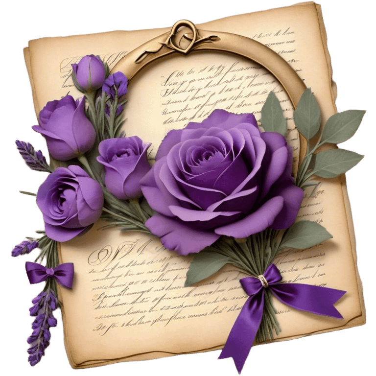 A delicate bouquet of lavender sprigs, dusty mauve roses, and deep violet peonies rests atop an antique love letter, its parchment kissed by time, tied with a silken amethyst ribbon forming an elegant bow. Nearby, a tiny heart-shaped locket gleams softly beneath the glow of a crescent moon, while scattered pressed pansies in shades of lilac and plum whisper forgotten sentiments of devotion. A few golden stars shimmer faintly, caught in the folds of the vintage fabric beneath the bouquet, adding a touch of celestial romance. emoji