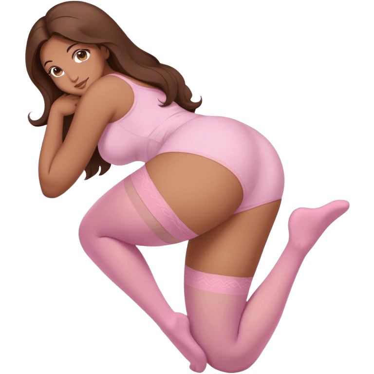 curvy brown long hair and brown eyes, intimate bending over arched back sfw light pink nylon stocking pose emoji