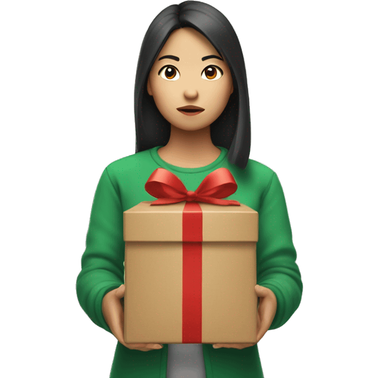 Asian girl with annoyed face holding Christmas box emoji