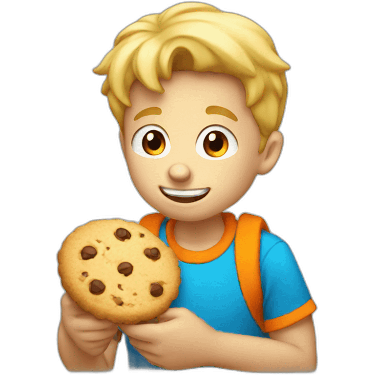 a 11 years blonde old boy with orange tshirt eating cookies emoji