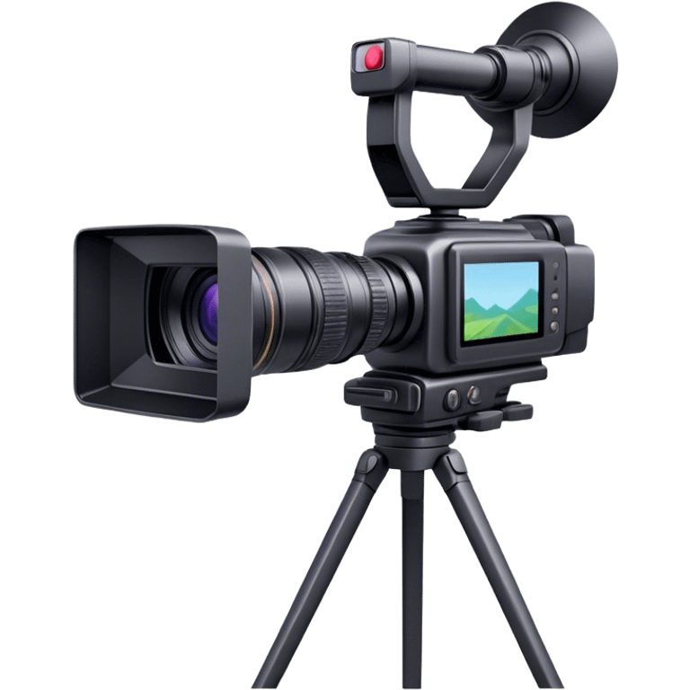 Create an emoji for video recording. Show a  single lens professional video camera with screen and image on it, on heavy tripod. Use modern, professional colors. Do not include any emojis or smiley faces. Make the background transparent. emoji