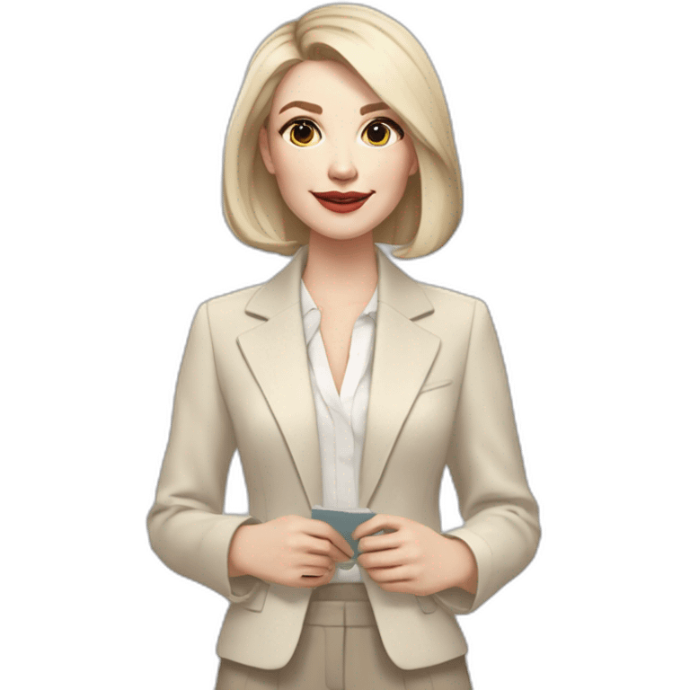 pale skin woman with ash blonde Straightened bob Hair, White Spacious classical jacket, beige palazzo Arrow pants and gray blouse holding a color palettes in the hands emoji