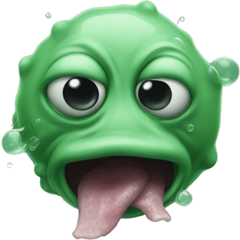 do face resembles a heavily malformed green blobfish, with a bulbous green nose, black eye sockets, and green smoke coming from its mouth. Its features are distorted, with its open mouth taking up the majority of its face emoji. emoji