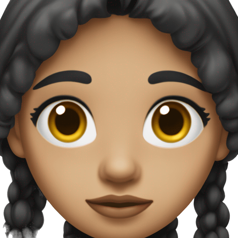 A girl with long black hair tending towards maroon, fair skin, wide black eyes, a small, slanted nose, full lips, a long face, and full cheeks emoji