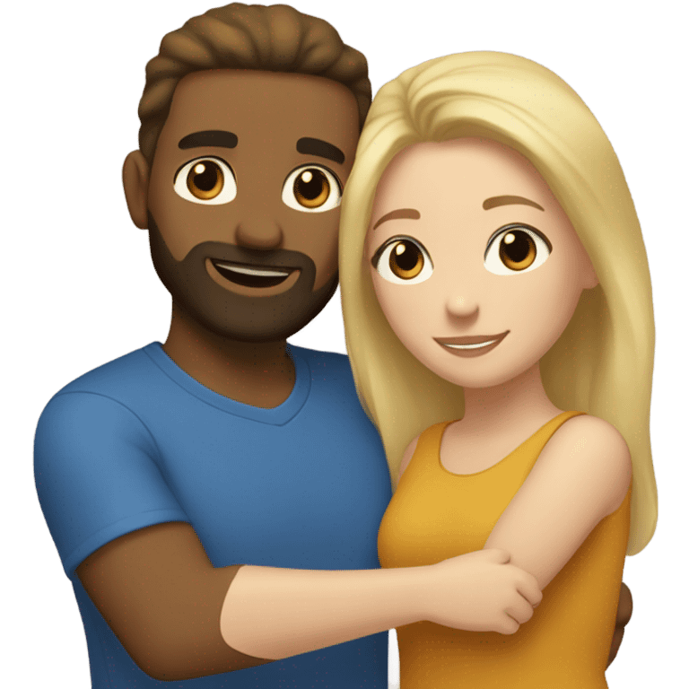 Blonde woman with brown eyes and a bearded man with blue eyes and light brown hair hugging. emoji