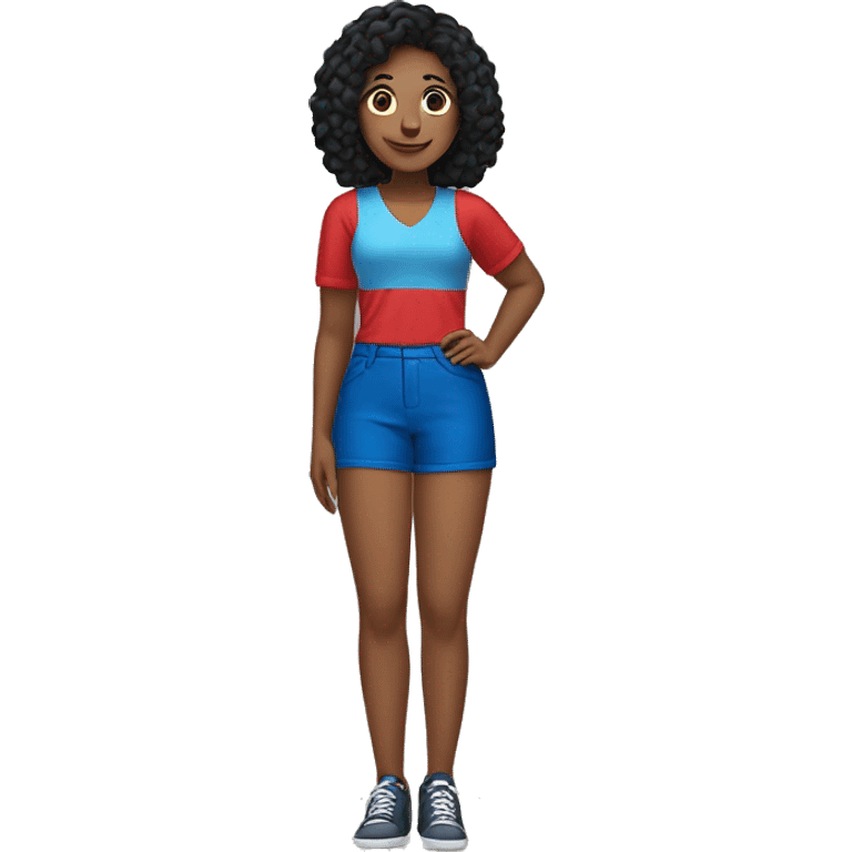 Create an emoji of a woman with black hair, wearing blue shorts and a red top and posing. emoji