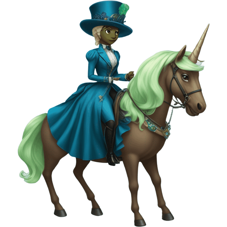 "galora green blonde alien woman" in blue Victorian dress elegant, full body, on brown and white unicorn emoji