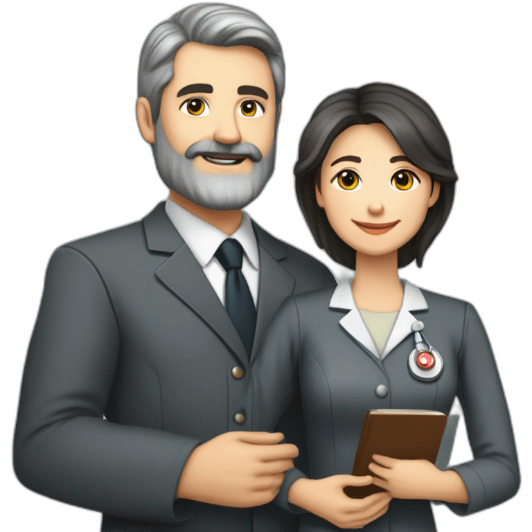 husband executive caucasian middle age dark gray hair trimmed beard business suit and open bible, with wife asian age 55 dark hair nurse uniform, no children emoji